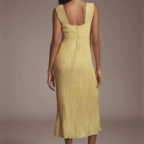 Anthropologie Pleated Satin Midi Dress with Wide Straps Yellow XL - Picture 2 of 8